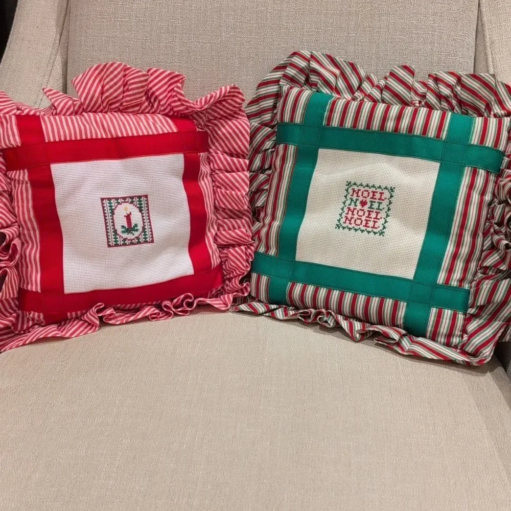 Handcrafted Festive Red and Green Ruffled Cross-stitch Holiday Pillows Set of 2